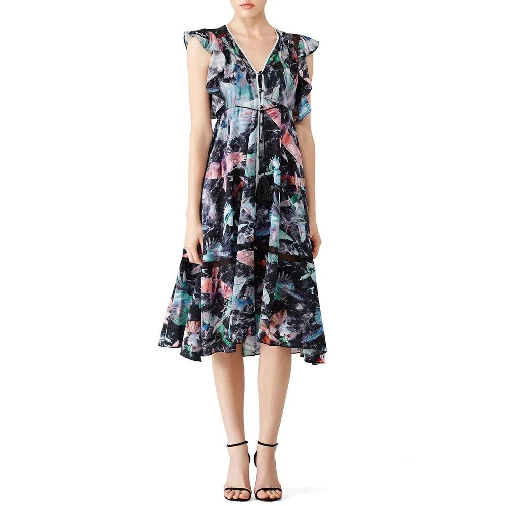 Hunter Bell Printed Harrison Dress Midi Button Front Flutter Ruffle Sleeves 0